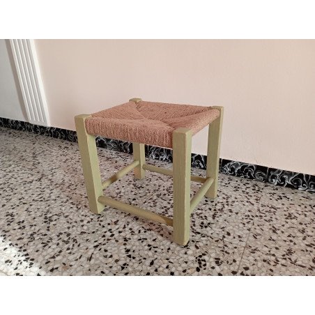 Set of two restored wooden stools with a distressed green finish and woven jute seats